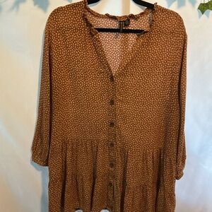 Versona Rust Brown Printed Button-Front Peplum Tunic
